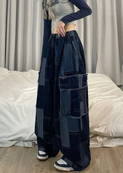 Italian Blue Pockets Patchwork Denim Wide Leg Pants Spring