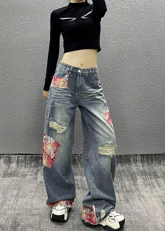 Italian Blue Pockets Patchwork Ripped Denim Wide Leg Pants Fall