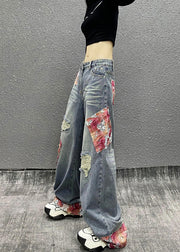 Italian Blue Pockets Patchwork Ripped Denim Wide Leg Pants Spring