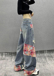 Italian Blue Pockets Patchwork Ripped Denim Wide Leg Pants Fall