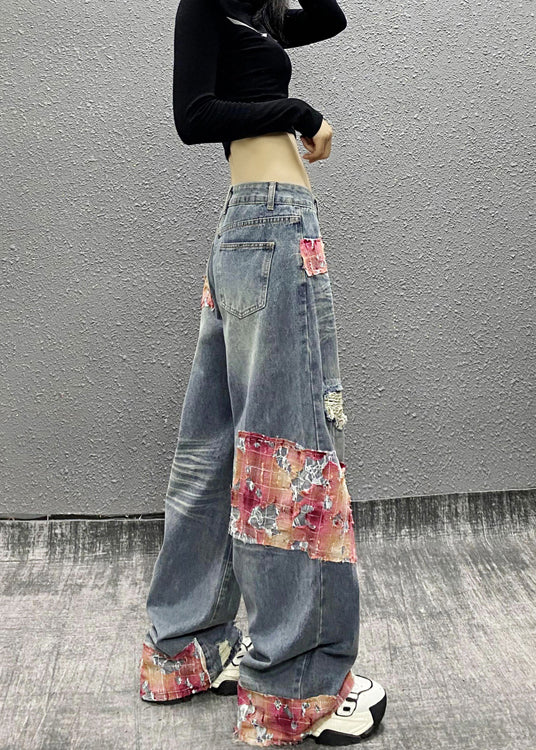 Italian Blue Pockets Patchwork Ripped Denim Wide Leg Pants Spring