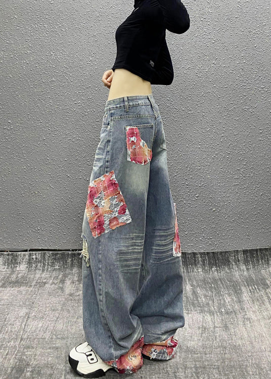 Italian Blue Pockets Patchwork Ripped Denim Wide Leg Pants Fall