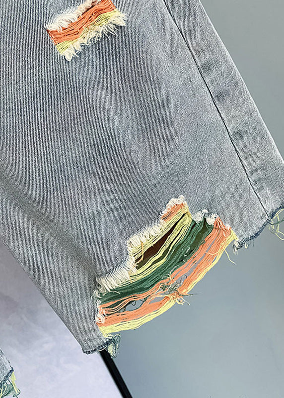 Italian Blue Pockets Sashes Hole Half Jeans Summer