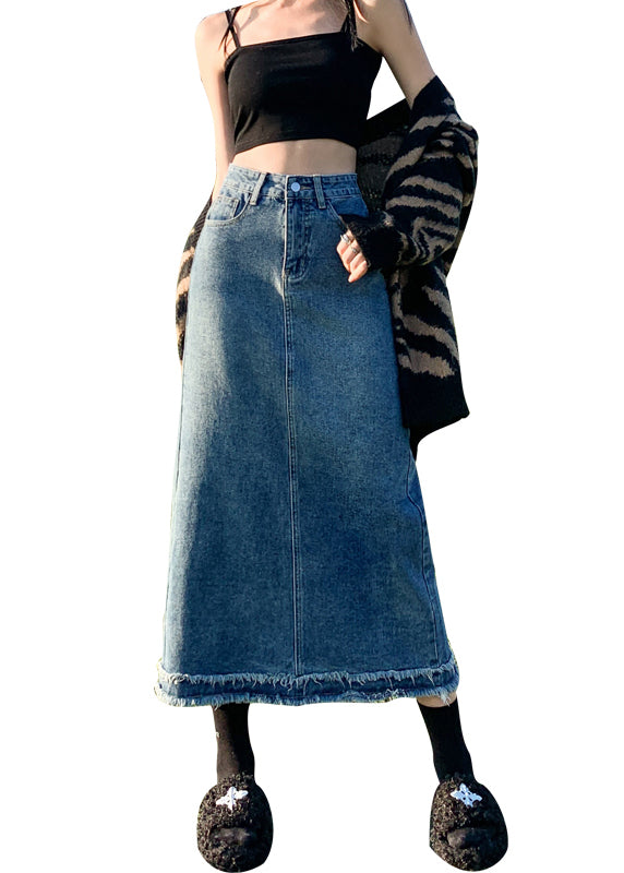 Italian Blue Pockets Tasseled High Waist Denim Skirts Summer
