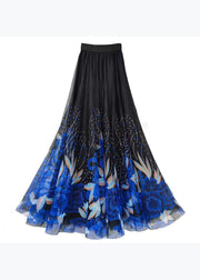 Italian Blue Print High Waist Exra Large Hem Tulle Skirts Spring