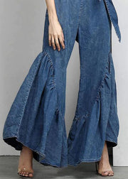 Italian Blue Ruffled Bow Waist Patchwork Denim Pants Summer