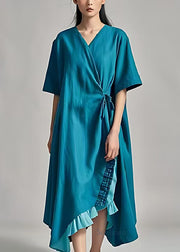 Italian Blue Ruffled Lace Up Cotton Long Dresses Summer