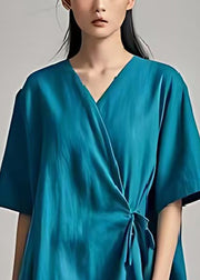 Italian Blue Ruffled Lace Up Cotton Long Dresses Summer