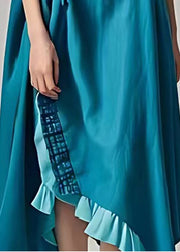 Italian Blue Ruffled Lace Up Cotton Long Dresses Summer