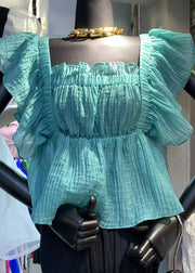 Italian Blue Ruffled Patchwork Chiffon Shirt Top Summer