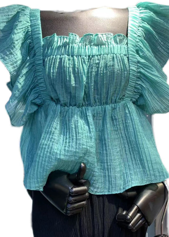 Italian Blue Ruffled Patchwork Chiffon Shirt Top Summer