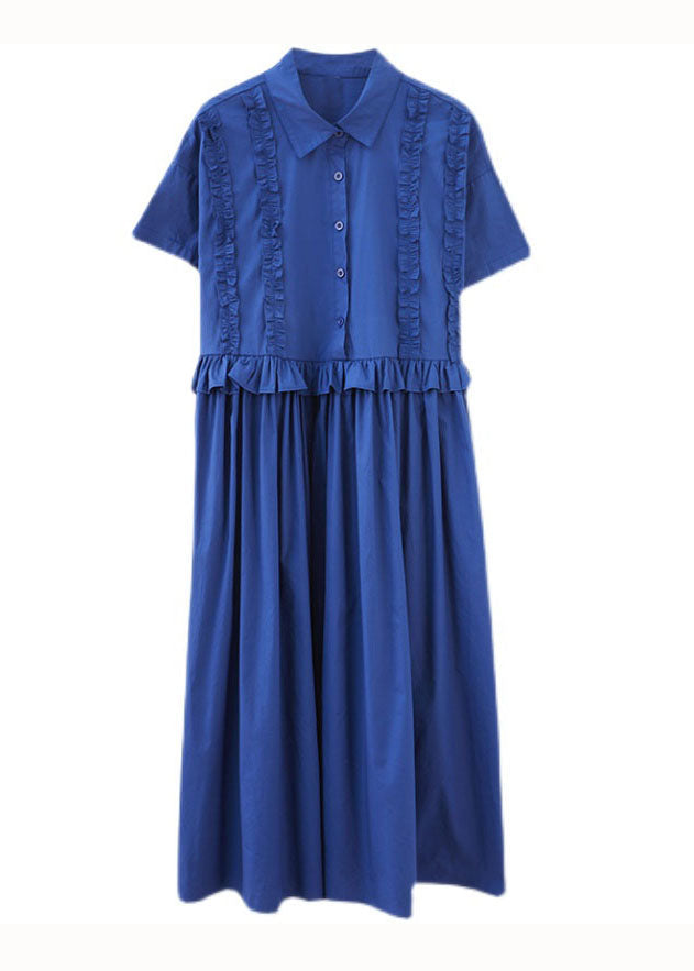 Italian Blue Ruffled Patchwork Long Cotton Shirts Dresses Summer