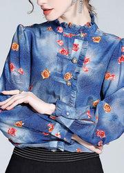 Italian Blue Ruffled Print Button Silk Shirt Long Sleeve