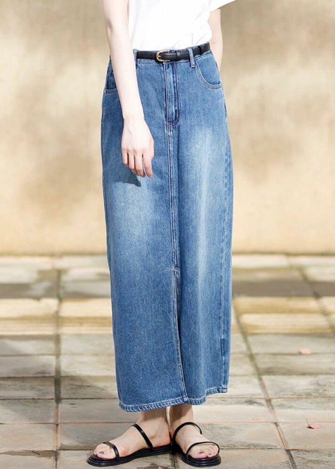 Italian Blue Side Open High Waist Denim Skirts Fall