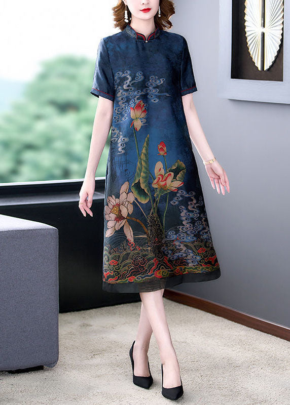 Italian Blue Stand Collar Patchwork Silk Dresses Summer