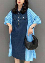 Italian Blue Striped Denim Patchwork Cotton Shirts Dresses Summer