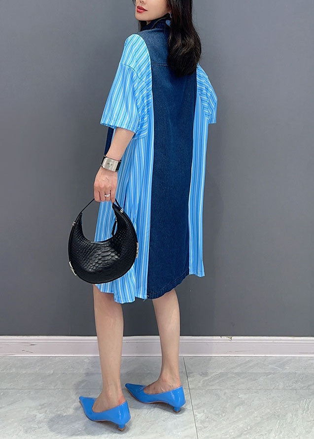 Italian Blue Striped Denim Patchwork Cotton Shirts Dresses Summer