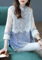 Italian Blue Striped Lace Patchwork Cotton Shirt Spring