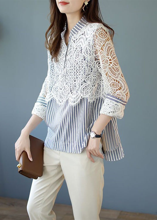 Italian Blue Striped Lace Patchwork Cotton Shirt Spring