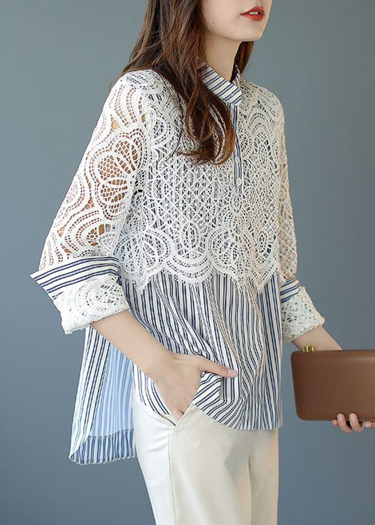 Italian Blue Striped Lace Patchwork Cotton Shirt Spring