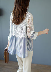 Italian Blue Striped Lace Patchwork Cotton Shirt Spring