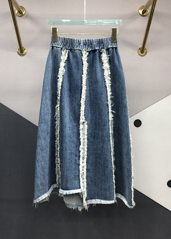 Italian Blue Tasseled Elastic Waist Patchwork Denim Skirts Fall