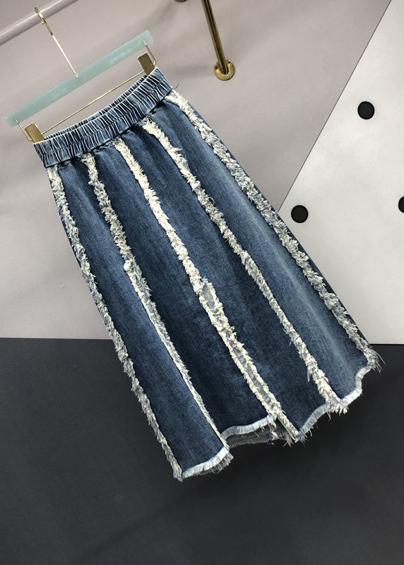 Italian Blue Tasseled Elastic Waist Patchwork Denim Skirts Fall