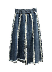 Italian Blue Tasseled Elastic Waist Patchwork Denim Skirts Fall