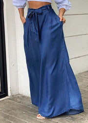 Italian Blue Tie Waist Oversized Denim Wide Leg Pants Trousers Summer