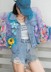 Italian Blue Tulle Ruffled Sequins Floral Decorated Patchwork Denim Coat Spring