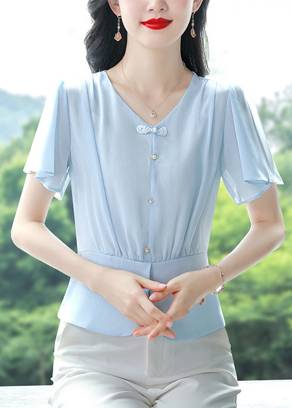 Italian Blue V Neck Button Chiffon Blouses Summer