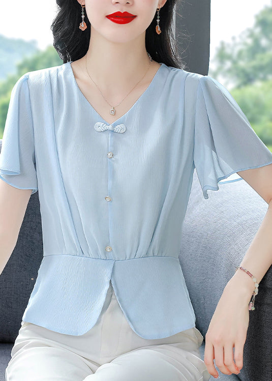 Italian Blue V Neck Button Chiffon Blouses Summer