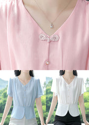 Italian Blue V Neck Button Chiffon Blouses Summer