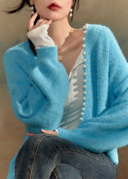 Italian Blue V Neck Nail Bead Cotton Knit Cardigans Spring