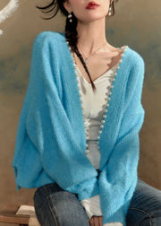 Italian Blue V Neck Nail Bead Cotton Knit Cardigans Winter