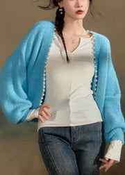 Italian Blue V Neck Nail Bead Cotton Knit Cardigans Spring