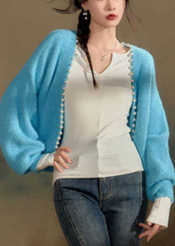 Italian Blue V Neck Nail Bead Cotton Knit Cardigans Winter