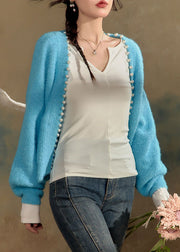 Italian Blue V Neck Nail Bead Cotton Knit Cardigans Winter