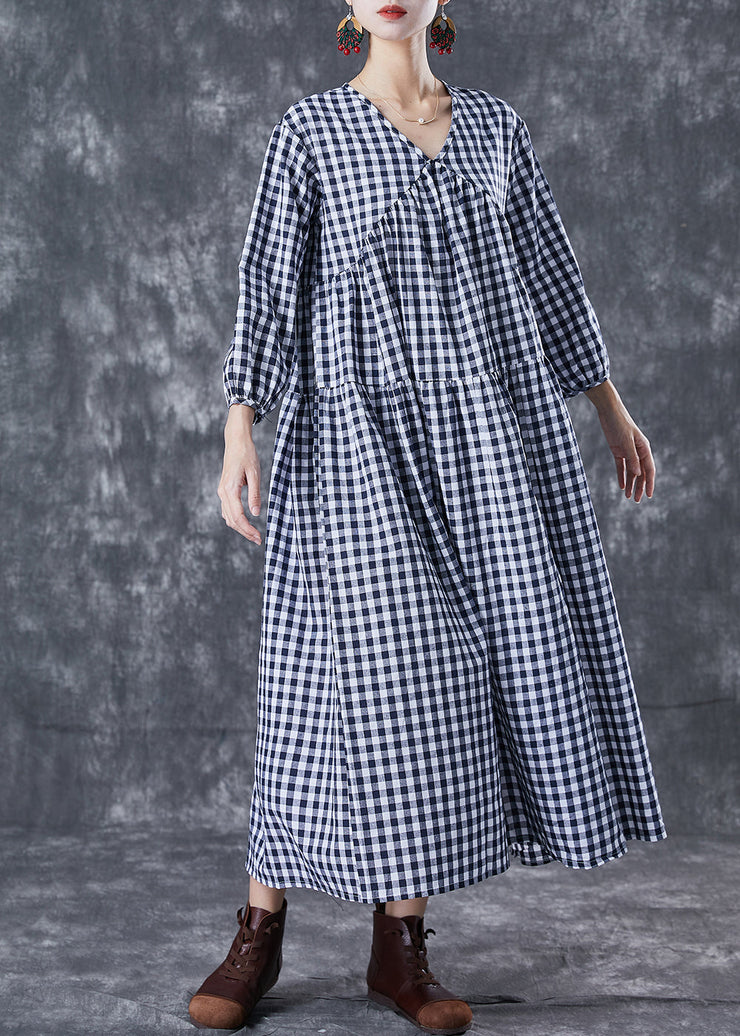 Italian Blue V Neck Patchwork Plaid Cotton Long Dress Summer