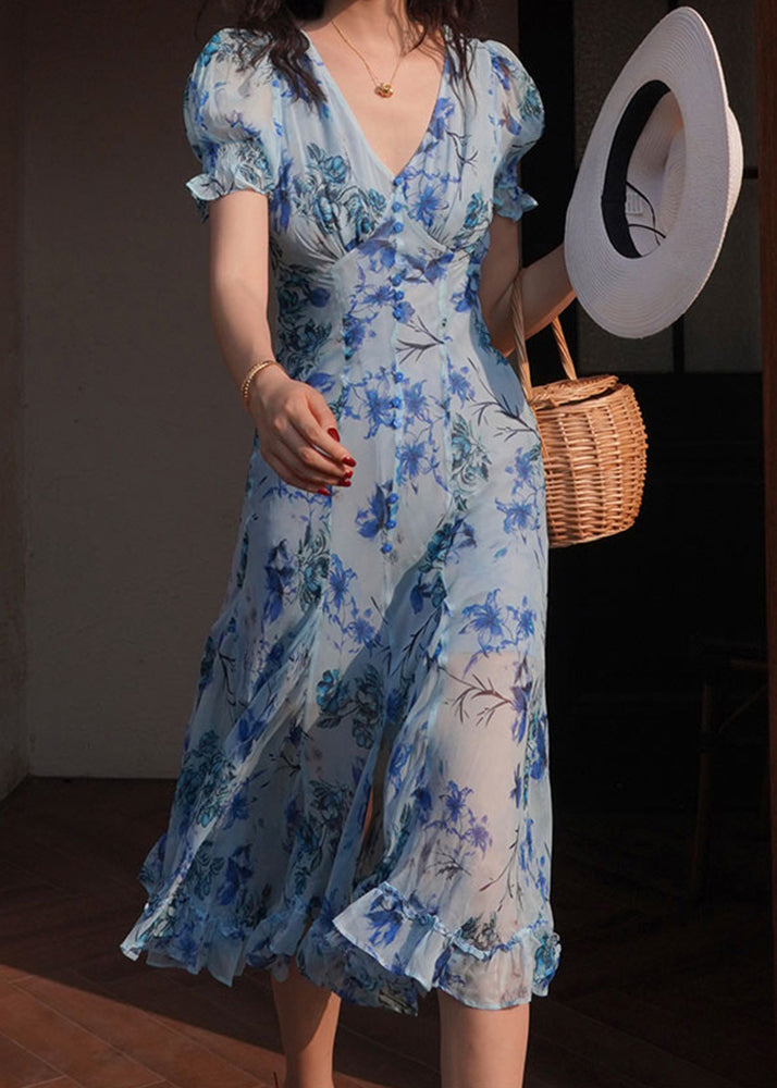 Italian Blue V Neck Ruffled Print Chiffon Long Dresses Summer