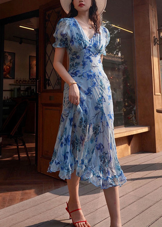 Italian Blue V Neck Ruffled Print Chiffon Long Dresses Summer