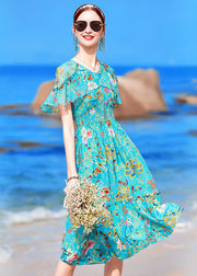 Italian Blue V Neck Ruffled Print Elastic Waist Silk Beach Dresses Cloak Sleeves