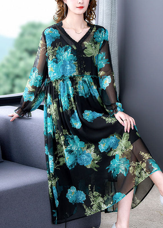 Italian Blue V Neck Ruffled Print Patchwork Chiffon Mid Dress Long Sleeve