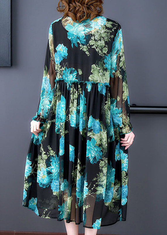 Italian Blue V Neck Ruffled Print Patchwork Chiffon Mid Dress Long Sleeve