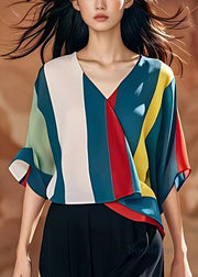 Italian Blue V Neck Striped Patchwork Chiffon Blouses Half Sleeve