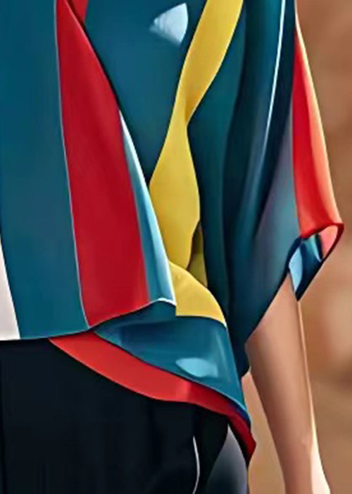 Italian Blue V Neck Striped Patchwork Chiffon Blouses Half Sleeve