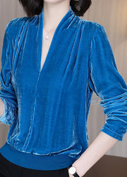 Italian Blue V Neck Wrinkled Patchwork Velour Shirts Fall