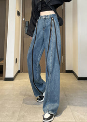 Italian Blue Zip Up Pockets Denim Wide Leg Pants Spring