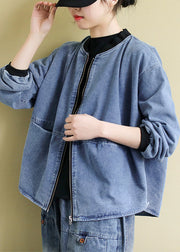 Italian Blue Zip Up Pockets Patchwork Denim Coats Fall