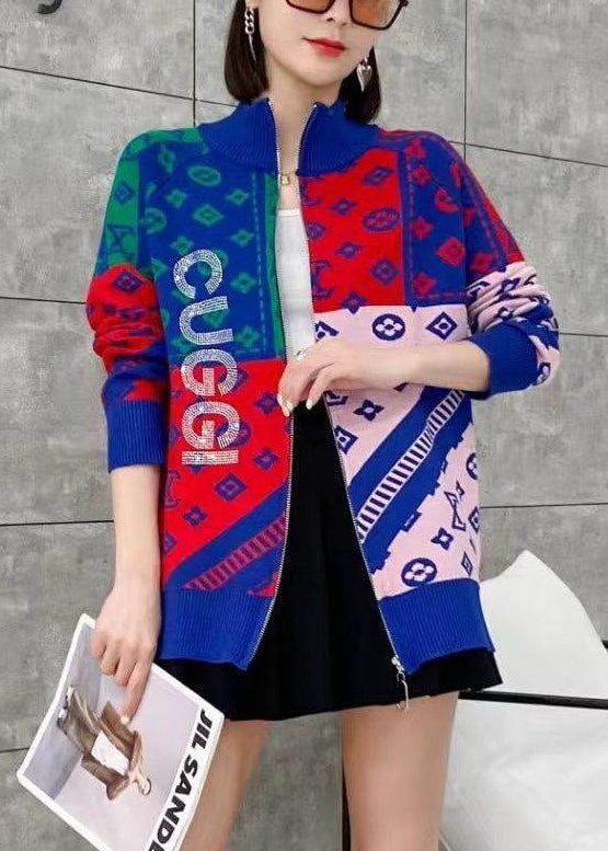 Italian Blue Zip Up Print Knit Cardigan Spring